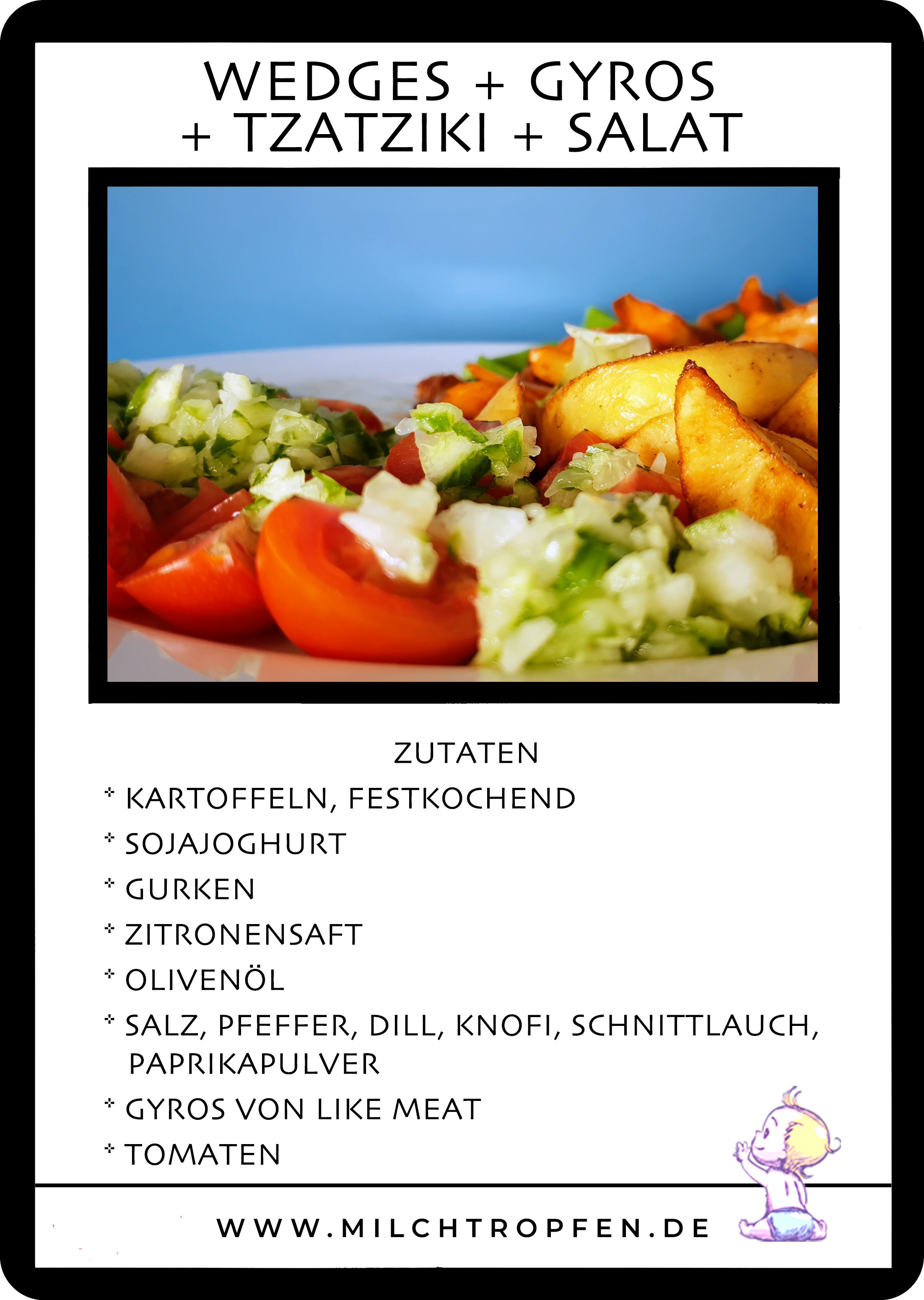 Wedges mit Like Meat Gyros, veganem Tzatziki und Salat | Mehr Infos auf www.milchtropfen.de